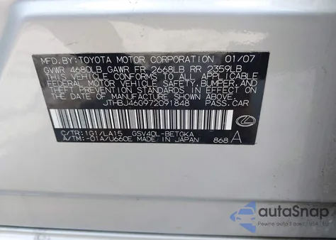 2007 Lexus Es 350 from USA, damaged, VIN JTHBJ46G972091848